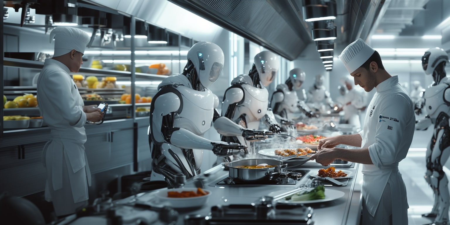 Restaurant Kitchen with humans and robots